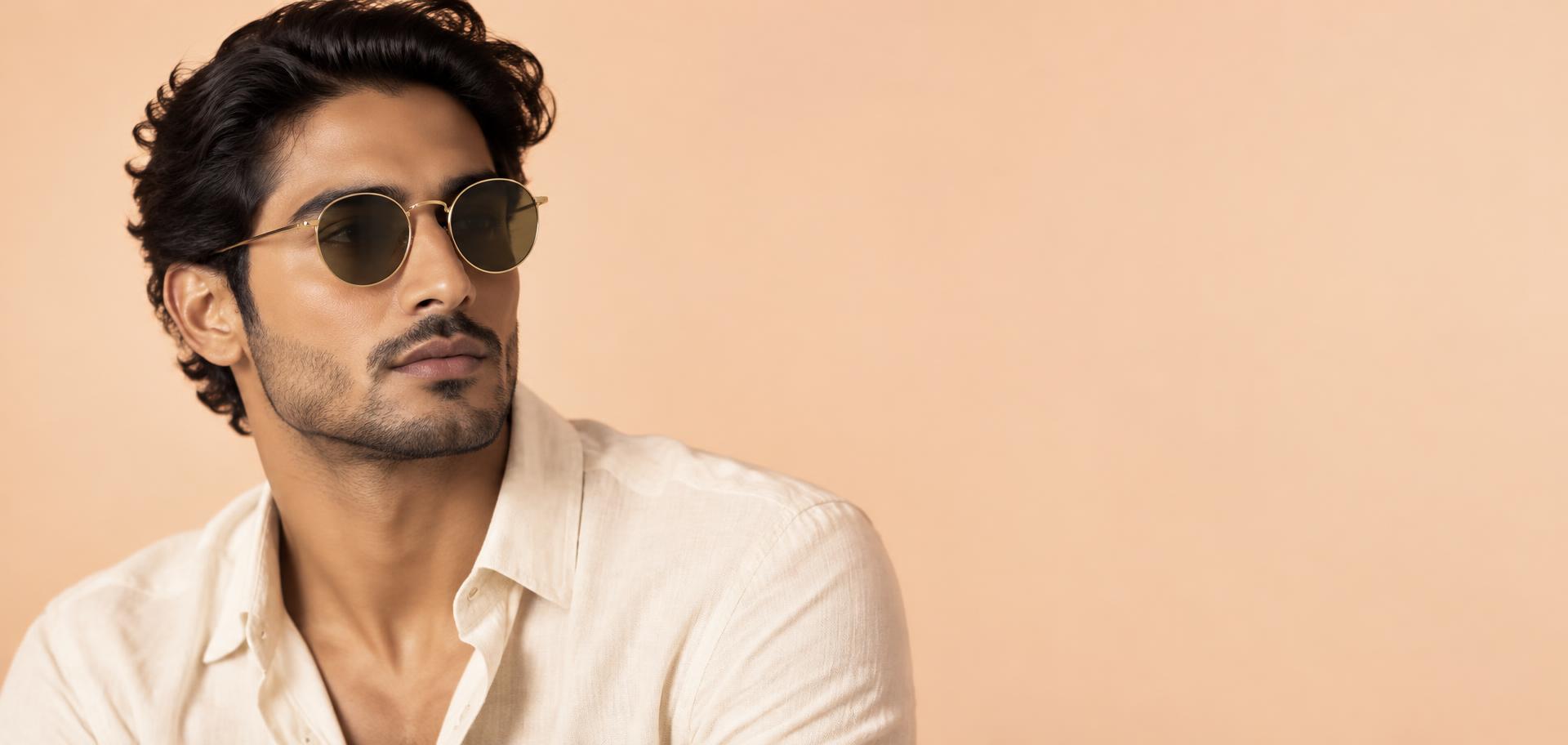 Man wearing round gold sunglasses